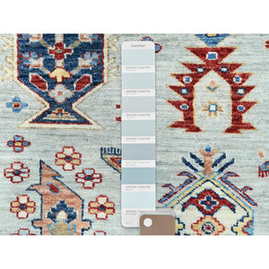 10'x14' Silver Blue, Natural Dyes Densely Woven, Pure Wool Hand Knotted, Afghan Super Kazak with Repetitive Tree Design, Oriental Rug FWR494616