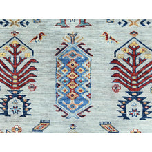 Load image into Gallery viewer, 10&#39;x14&#39; Silver Blue, Natural Dyes Densely Woven, Pure Wool Hand Knotted, Afghan Super Kazak with Repetitive Tree Design, Oriental Rug FWR494616