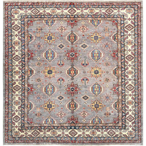 9'7"x9'9" Gray, Afghan Super Kazak with Tribal Medallions, Vegetable Dyes Dense Weave, Soft Wool Hand Knotted, Square Oriental Rug FWR494622