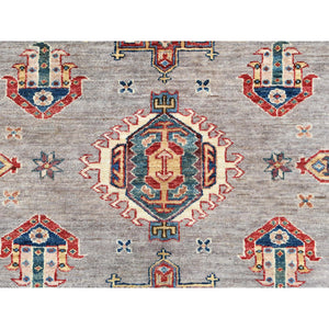 9'7"x9'9" Gray, Afghan Super Kazak with Tribal Medallions, Vegetable Dyes Dense Weave, Soft Wool Hand Knotted, Square Oriental Rug FWR494622