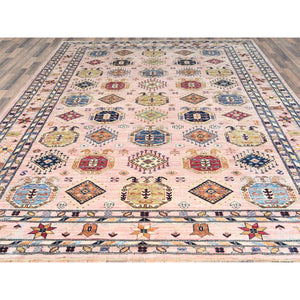 8'9"x11'9" Blush Pink, Hand Knotted Afghan Super Kazak with Geometric Medallions, Vegetable Dyes Dense Weave, Organic Wool, Oriental Rug FWR494634