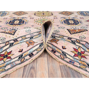 8'9"x11'9" Blush Pink, Hand Knotted Afghan Super Kazak with Geometric Medallions, Vegetable Dyes Dense Weave, Organic Wool, Oriental Rug FWR494634