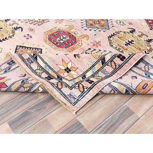 8'9"x11'9" Blush Pink, Hand Knotted Afghan Super Kazak with Geometric Medallions, Vegetable Dyes Dense Weave, Organic Wool, Oriental Rug FWR494634