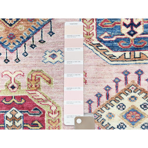 8'9"x11'9" Blush Pink, Hand Knotted Afghan Super Kazak with Geometric Medallions, Vegetable Dyes Dense Weave, Organic Wool, Oriental Rug FWR494634