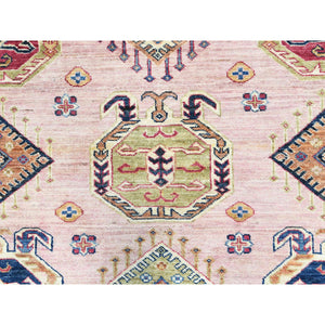 8'9"x11'9" Blush Pink, Hand Knotted Afghan Super Kazak with Geometric Medallions, Vegetable Dyes Dense Weave, Organic Wool, Oriental Rug FWR494634
