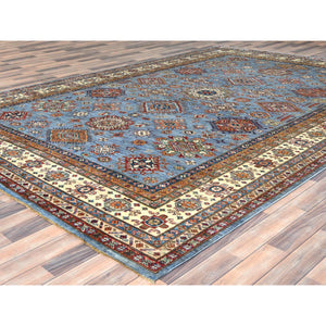 8'8"x12'2" Light Blue, Afghan Super Kazak with Large Medallions, Vegetable Dyes Dense Weave, Extra Soft Wool Hand Knotted, Oriental Rug FWR494658