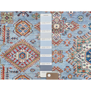 8'8"x12'2" Light Blue, Afghan Super Kazak with Large Medallions, Vegetable Dyes Dense Weave, Extra Soft Wool Hand Knotted, Oriental Rug FWR494658