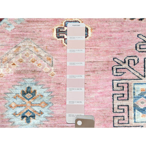 8'3"x10' Flamingo Pink, Natural Wool Hand Knotted, Afghan Super Kazak with Large Medallion, Vegetable Dyes Dense Weave, Oriental Rug FWR494670