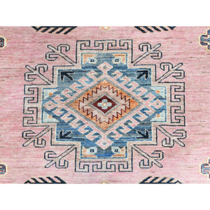 8'3"x10' Flamingo Pink, Natural Wool Hand Knotted, Afghan Super Kazak with Large Medallion, Vegetable Dyes Dense Weave, Oriental Rug FWR494670