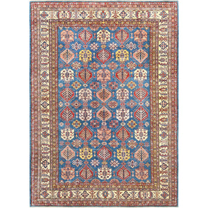 9'x12'7" Denim Blue, Afghan Super Kazak with Floral Medallions, Vegetable Dyes Dense Weave, Soft Wool Hand Knotted, Oriental Rug FWR494682