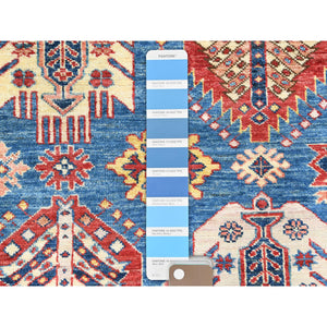 9'x12'7" Denim Blue, Afghan Super Kazak with Floral Medallions, Vegetable Dyes Dense Weave, Soft Wool Hand Knotted, Oriental Rug FWR494682