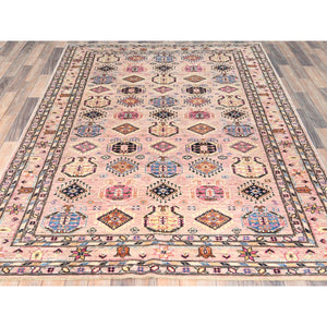 6'x8'9" Blush Pink, Afghan Super Kazak with Geometric Medallions, Natural Dyes Densely Woven, Soft Wool Hand Knotted, Oriental Rug FWR494712
