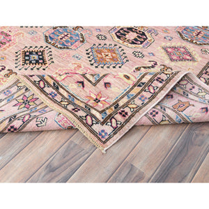 6'x8'9" Blush Pink, Afghan Super Kazak with Geometric Medallions, Natural Dyes Densely Woven, Soft Wool Hand Knotted, Oriental Rug FWR494712
