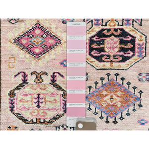 6'x8'9" Blush Pink, Afghan Super Kazak with Geometric Medallions, Natural Dyes Densely Woven, Soft Wool Hand Knotted, Oriental Rug FWR494712