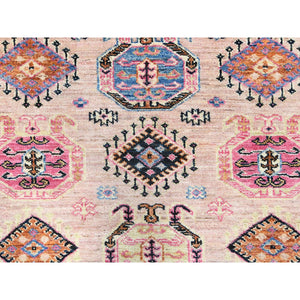 6'x8'9" Blush Pink, Afghan Super Kazak with Geometric Medallions, Natural Dyes Densely Woven, Soft Wool Hand Knotted, Oriental Rug FWR494712