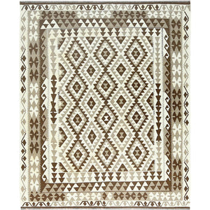 8'3"x10' Earth Tone Colors, Afghan Kilim with Geometric Design, Undyed Natural Wool Flat Weave, Hand Woven Reversible, Oriental Rug FWR494820
