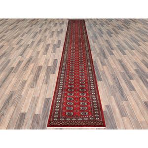 2'7"x19'9" Deep and Rich Red, 250 KPSI Silky Wool, Hand Knotted Super Bokara with Geometric Medallions Design, XL Runner Oriental Rug FWR494976