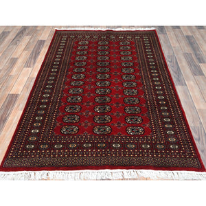 4'x6'4" Deep and Rich Red Super Bokara with Geometric Medallions 250 KPSI, Silky Wool Hand Knotted, Oriental Rug FWR494994