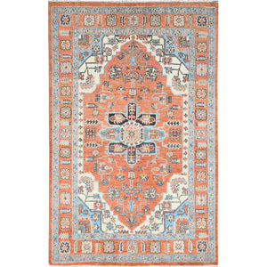 4'x5'7" Brick Red, Dense Weave Natural Wool, Hand Knotted Afghan Peshawar with Serapi Heriz Design, Vegetable Dyes, Oriental Rug FWR495030