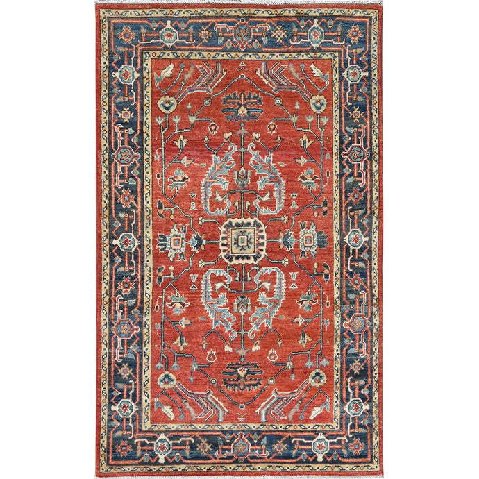 3'x5' Tomato Red, Natural Dyes Densely Woven, Pure Wool Hand Knotted, Afghan Peshawar with Serapi Heriz Design, Oriental Rug FWR495096