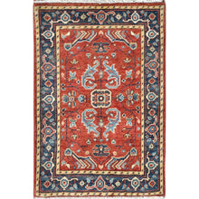 Load image into Gallery viewer, 2&#39;x3&#39; Tomato Red, Afghan Peshawar with Serapi Heriz Design, Natural Dyes Densely Woven, Extra Soft Wool Hand Knotted Mat Oriental Rug FWR495108
