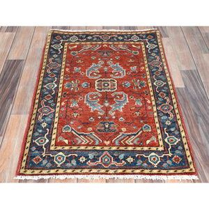2'x3' Tomato Red, Afghan Peshawar with Serapi Heriz Design, Natural Dyes Densely Woven, Extra Soft Wool Hand Knotted Mat Oriental Rug FWR495108