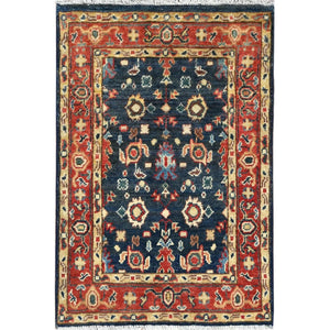 2'x2'10" Denim Blue, Natural Dyes Densely Woven, Soft Wool Hand Knotted, Afghan Peshawar with All Over Heriz Design, Mat Oriental Rug FWR495132