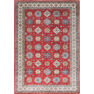 12'1"x16' Rich Red, Densely Woven Extra Soft Wool, Hand Knotted Afghan Super Kazak with Tribal Medallions, Natural Dyes, Oversized Oriental Rug FWR495168