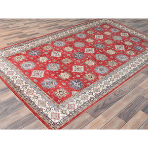 12'1"x16' Rich Red, Densely Woven Extra Soft Wool, Hand Knotted Afghan Super Kazak with Tribal Medallions, Natural Dyes, Oversized Oriental Rug FWR495168
