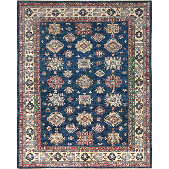 8'x10' Navy Blue, Densely Woven Extra Soft Wool, Hand Knotted Afghan Super Kazak with Tribal Medallions Natural Dyes, Oriental Rug FWR495228