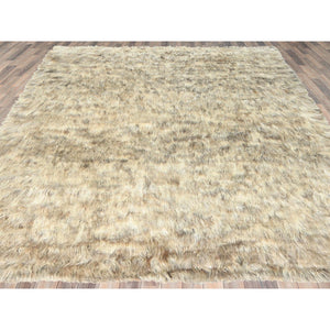 9'x9' Beige, Shaggy Moroccan Exotic Texture, Undyed Natural Wool Hand Knotted, Square Oriental Rug FWR495396