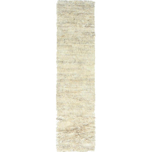 2'7"x10'1" Beige, Shaggy Moroccan Exotic Texture, Undyed Natural Wool Hand Knotted, Runner Oriental Rug FWR495438