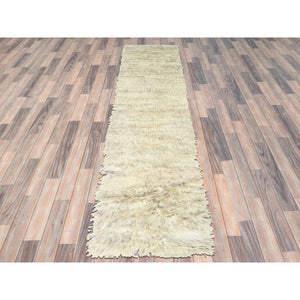 2'7"x10'1" Beige, Shaggy Moroccan Exotic Texture, Undyed Natural Wool Hand Knotted, Runner Oriental Rug FWR495438