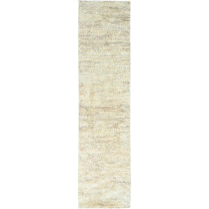 2'6"x10' Beige, Undyed Natural Wool Hand Knotted, Shaggy Moroccan Exotic Texture, Runner Oriental Rug FWR495444