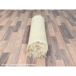 2'6"x10' Beige, Undyed Natural Wool Hand Knotted, Shaggy Moroccan Exotic Texture, Runner Oriental Rug FWR495444