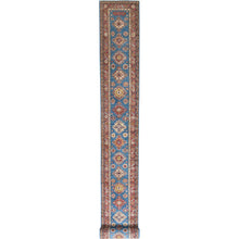 Load image into Gallery viewer, 2&#39;9&quot;x40&#39;6&quot; Denim Blue, Afghan Super Kazak with Large Medallions, Vegetable Dyes Dense Weave, Natural Wool Hand Knotted, XL Runner Oriental Rug FWR495450