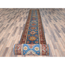Load image into Gallery viewer, 2&#39;9&quot;x40&#39;6&quot; Denim Blue, Afghan Super Kazak with Large Medallions, Vegetable Dyes Dense Weave, Natural Wool Hand Knotted, XL Runner Oriental Rug FWR495450