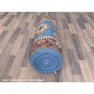 2'9"x40'6" Denim Blue, Afghan Super Kazak with Large Medallions, Vegetable Dyes Dense Weave, Natural Wool Hand Knotted, XL Runner Oriental Rug FWR495450