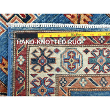 Load image into Gallery viewer, 2&#39;6&quot;x33&#39;6&quot; Denim Blue, Soft Wool Hand Knotted, Afghan Super Kazak with Large Medallions, Vegetable Dyes Dense Weave, XL Runner Oriental Rug FWR495462