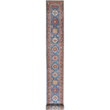 Load image into Gallery viewer, 2&#39;8&quot;x34&#39; Denim Blue, Vegetable Dyes Dense Weave, Organic Wool Hand Knotted, Afghan Super Kazak with Large Medallions, XL Runner Oriental Rug FWR495474