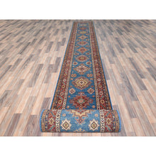 Load image into Gallery viewer, 2&#39;8&quot;x34&#39; Denim Blue, Vegetable Dyes Dense Weave, Organic Wool Hand Knotted, Afghan Super Kazak with Large Medallions, XL Runner Oriental Rug FWR495474