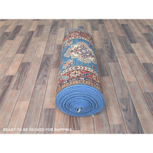 Load image into Gallery viewer, 2&#39;8&quot;x34&#39; Denim Blue, Vegetable Dyes Dense Weave, Organic Wool Hand Knotted, Afghan Super Kazak with Large Medallions, XL Runner Oriental Rug FWR495474