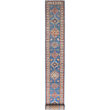 Load image into Gallery viewer, 2&#39;6&quot;x33&#39;5&quot; Denim Blue, Afghan Super Kazak with Large Medallions, Natural Dyes Densely Woven, Natural Wool Hand Knotted, XL Runner Oriental Rug FWR495480