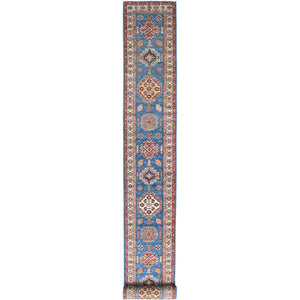 2'6"x33'5" Denim Blue, Afghan Super Kazak with Large Medallions, Natural Dyes Densely Woven, Natural Wool Hand Knotted, XL Runner Oriental Rug FWR495480