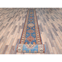 Load image into Gallery viewer, 2&#39;6&quot;x33&#39;5&quot; Denim Blue, Afghan Super Kazak with Large Medallions, Natural Dyes Densely Woven, Natural Wool Hand Knotted, XL Runner Oriental Rug FWR495480