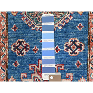 2'6"x33'5" Denim Blue, Afghan Super Kazak with Large Medallions, Natural Dyes Densely Woven, Natural Wool Hand Knotted, XL Runner Oriental Rug FWR495480
