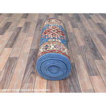Load image into Gallery viewer, 2&#39;6&quot;x33&#39;5&quot; Denim Blue, Afghan Super Kazak with Large Medallions, Natural Dyes Densely Woven, Natural Wool Hand Knotted, XL Runner Oriental Rug FWR495480