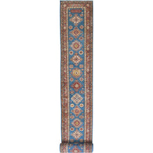 Load image into Gallery viewer, 2&#39;8&quot;x40&#39;8&quot; Denim Blue, Hand Knotted Afghan Super Kazak with Large Medallions Design, Vegetable Dyes Dense Weave, Organic Wool, XL Runner Oriental Rug FWR495594
