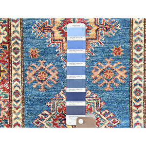 2'8"x40'8" Denim Blue, Hand Knotted Afghan Super Kazak with Large Medallions Design, Vegetable Dyes Dense Weave, Organic Wool, XL Runner Oriental Rug FWR495594