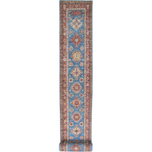 Load image into Gallery viewer, 2&#39;7&quot;x34&#39; Denim Blue, Natural Dyes Densely Woven, Soft Wool Hand Knotted, Afghan Super Kazak with Large Medallions, XL Runner Oriental Rug FWR495612